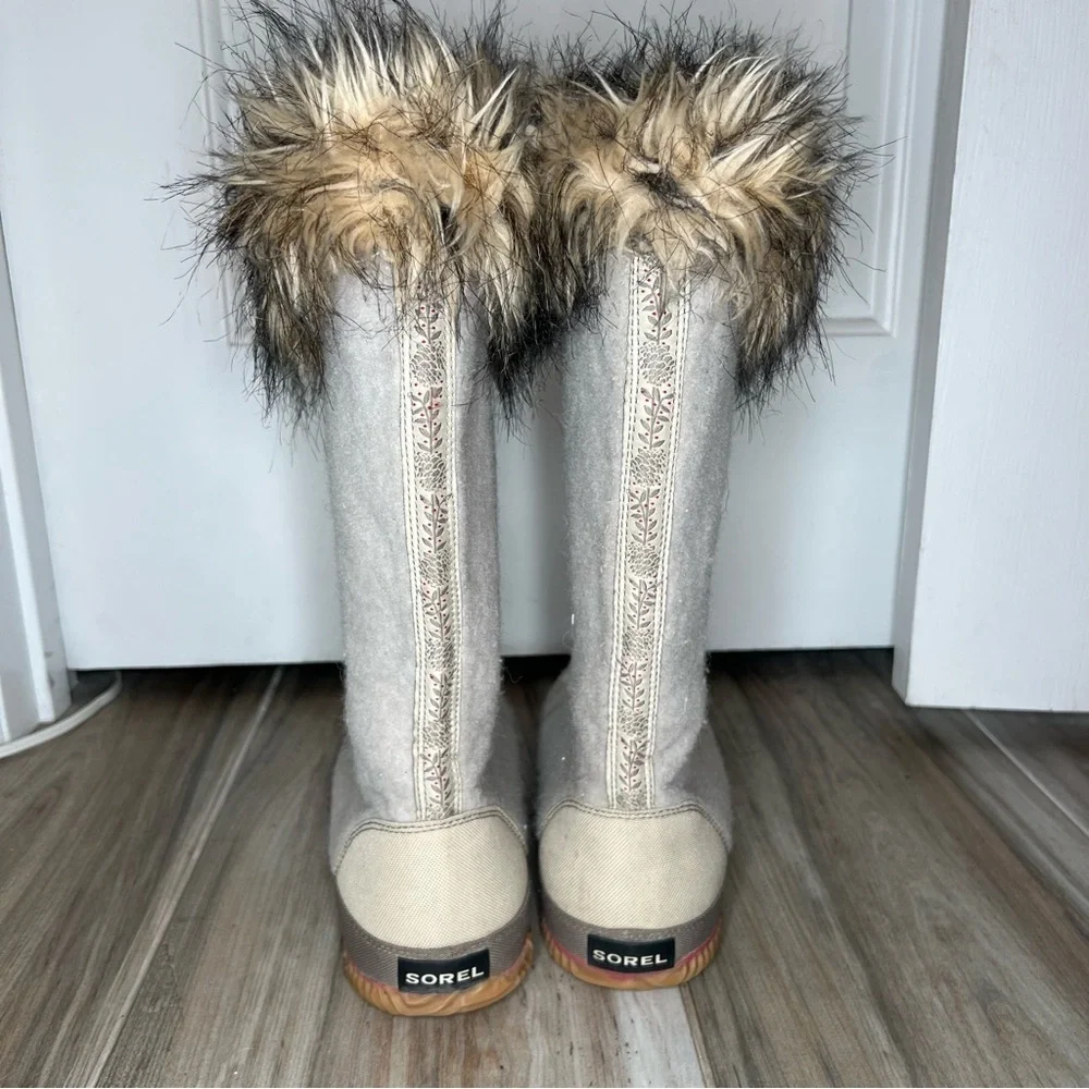 Sorel Cozy Joan Tall Felt Boots Faux Fur Top Womens Sz 10 Beige Tan Brown